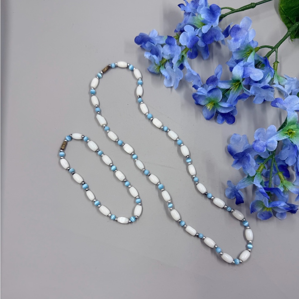 White and Light Blue Cats Eye Beaded Necklace and Bracelet Set